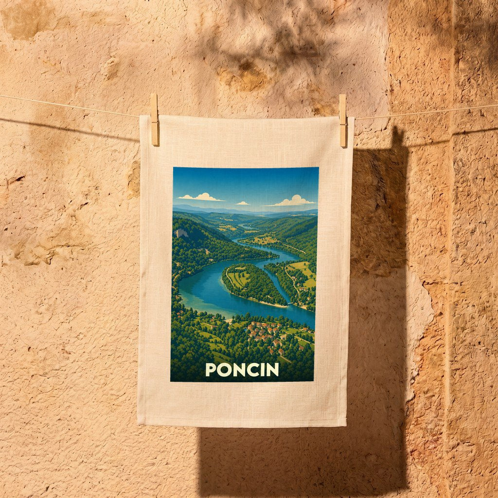 Torchon souvenir de la ville de Poncin avec une illustration stylisée de ses paysages verdoyants et de la rivière.