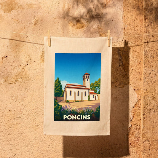 Torchon souvenir de la ville de Poncins avec une illustration stylisée de son église.