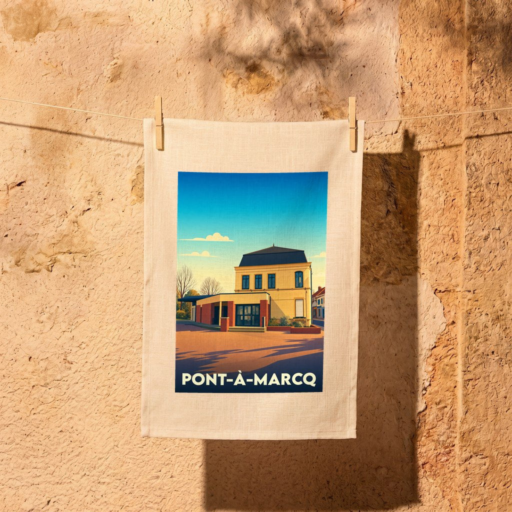 Torchon souvenir de la ville de Pont-à-Marcq avec une illustration stylisée d'un bâtiment emblématique.