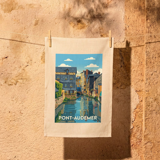 Torchon souvenir de la ville de Pont-Audemer avec une illustration stylisée de ses canaux et maisons à colombages.