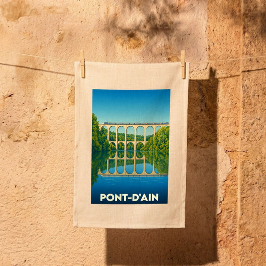 Torchon souvenir de la ville de Pont-d'Ain avec une illustration stylisée de son viaduc se reflétant dans l'eau.