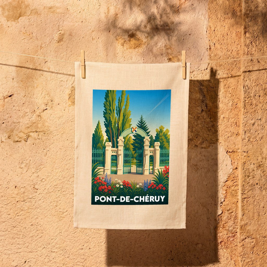 Torchon souvenir de la ville de Pont-de-Chéruy avec une illustration stylisée d'un parc arboré.