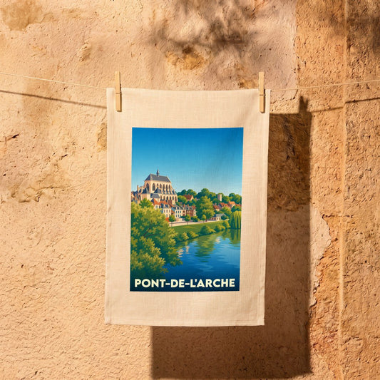 Torchon souvenir de la ville de Pont-de-l'Arche avec une illustration stylisée d'un paysage urbain au bord de l'eau.