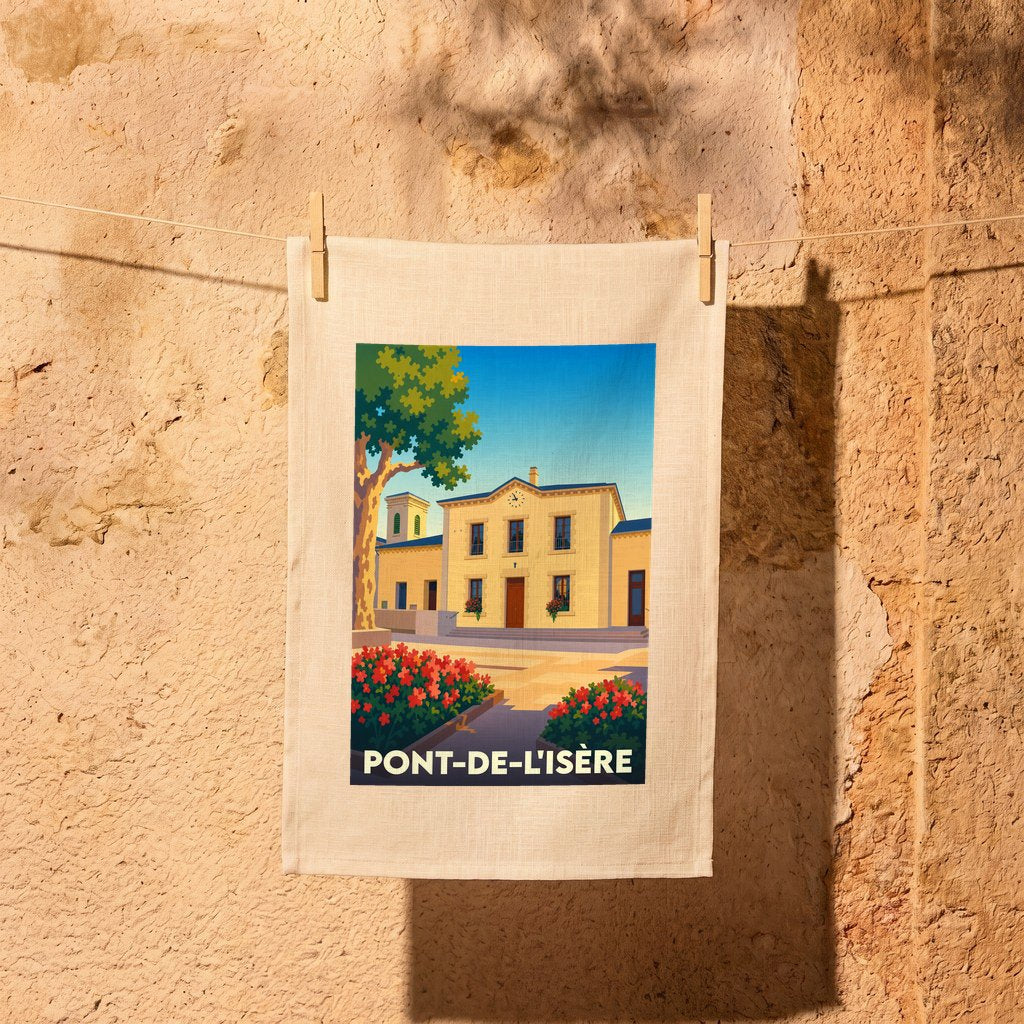 Torchon souvenir de la ville de Pont-de-l'Isère avec une illustration stylisée.