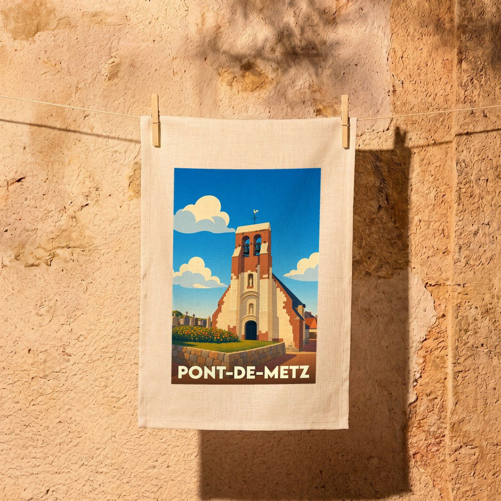 Torchon souvenir de la ville de Pont-de-Metz avec une illustration stylisée de son église.