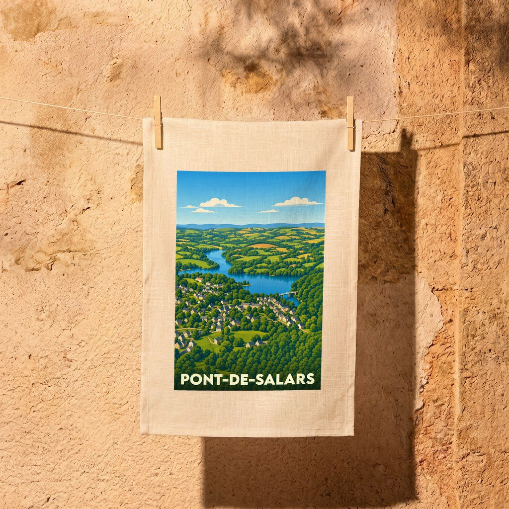 Torchon souvenir de la ville de Pont-de-Salars avec une illustration paysagère stylisée.