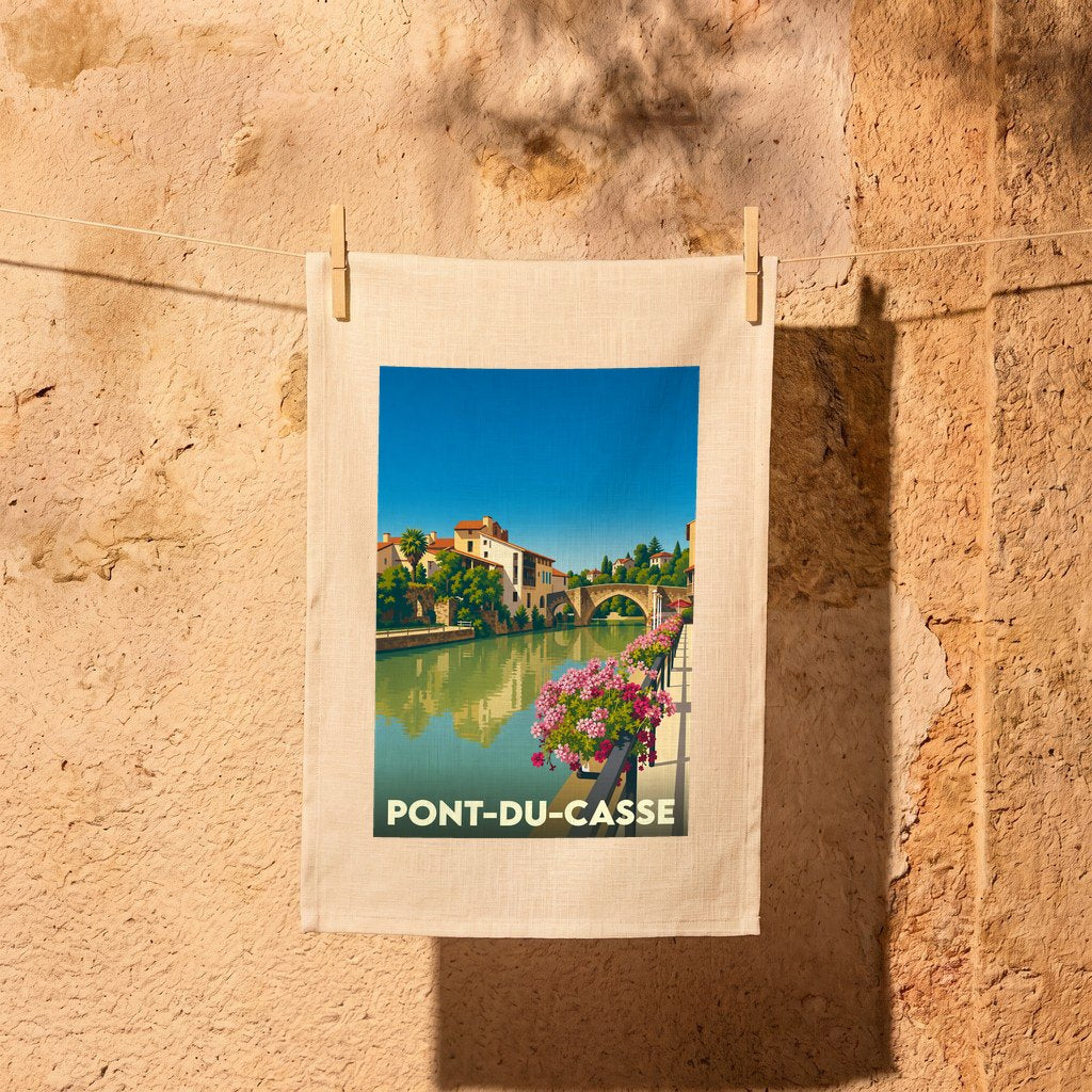 Torchon souvenir de la ville de Pont-du-Casse avec une illustration stylisée d'un pont et d'un canal fleuri.