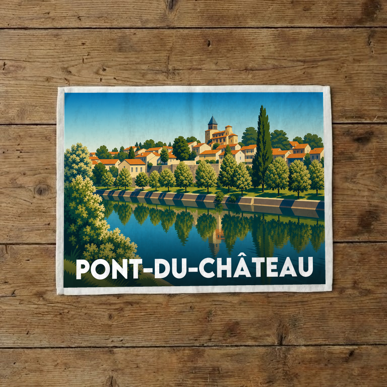 Torchon souvenir de la ville de Pont-du-Château avec une illustration stylisée.