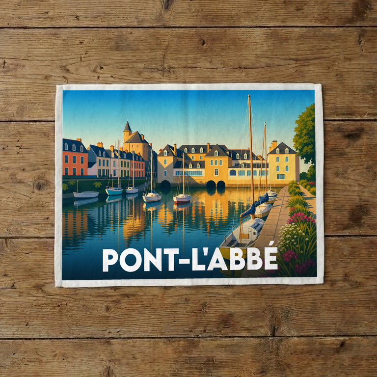 Torchon souvenir de la ville de Pont-l'Abbé illustré d'un paysage portuaire coloré au style vintage.