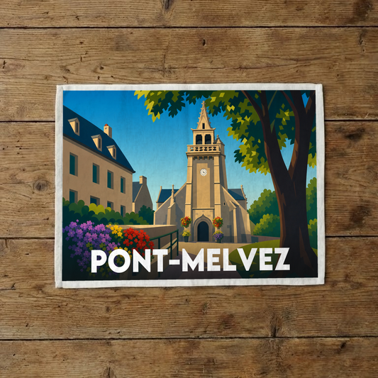 Torchon souvenir de la ville de Pont-Melvez avec une illustration stylisée.