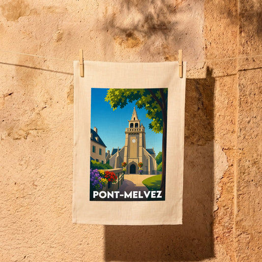 Torchon souvenir de la ville de Pont-Melvez avec une illustration stylisée.