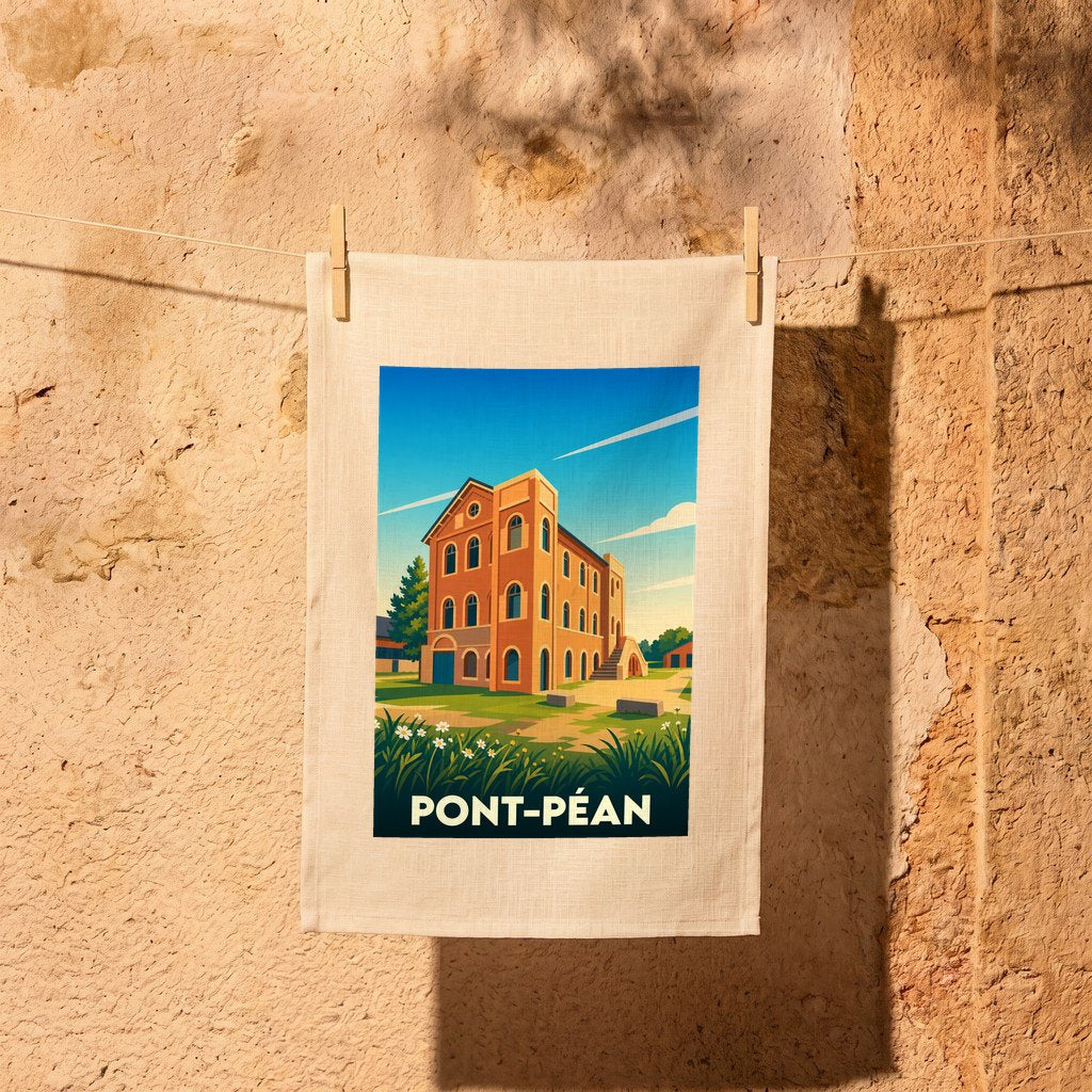 Torchon souvenir de la ville de Pont-Péan avec une illustration stylisée d'un bâtiment historique.