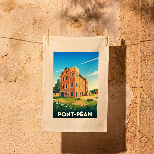 Torchon souvenir de la ville de Pont-Péan avec une illustration stylisée d'un bâtiment historique.