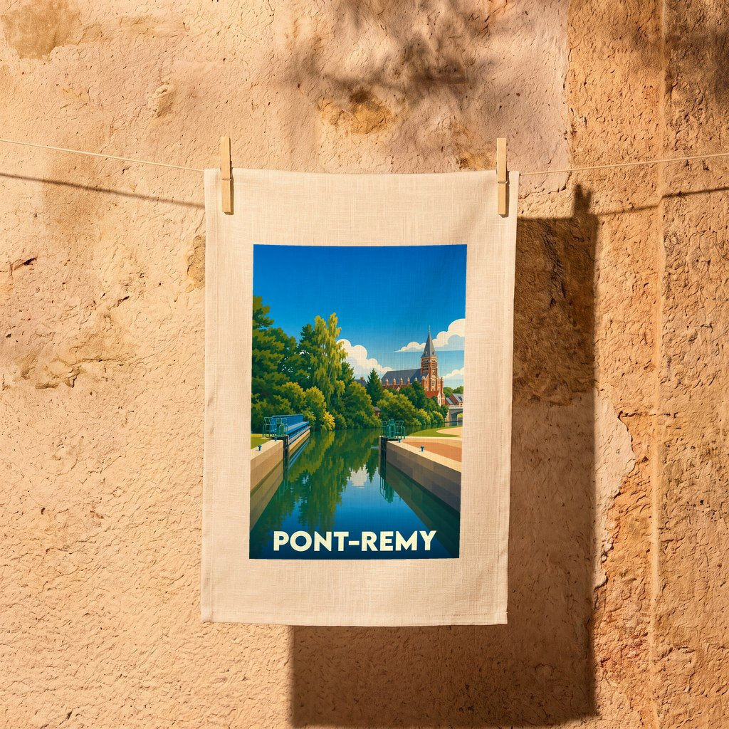 Torchon souvenir de la ville de Pont-Remy avec une illustration stylisée représentant son canal et son église.