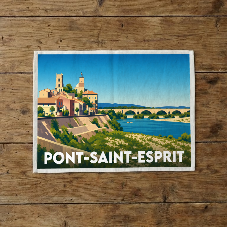 Torchon souvenir de la ville de Pont-Saint-Esprit avec une illustration stylisée.