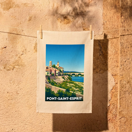 Torchon souvenir de la ville de Pont-Saint-Esprit avec une illustration stylisée.