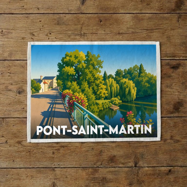Torchon souvenir de la ville de Pont-Saint-Martin avec une illustration stylisée d'un pont fleuri bordant une rivière.