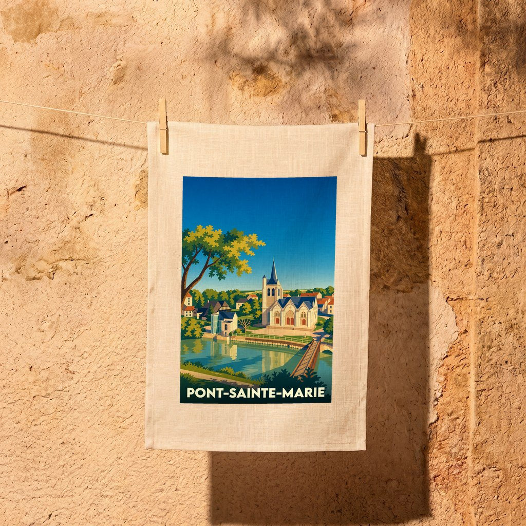 Torchon souvenir de la ville de Pont-Sainte-Marie avec une illustration stylisée.