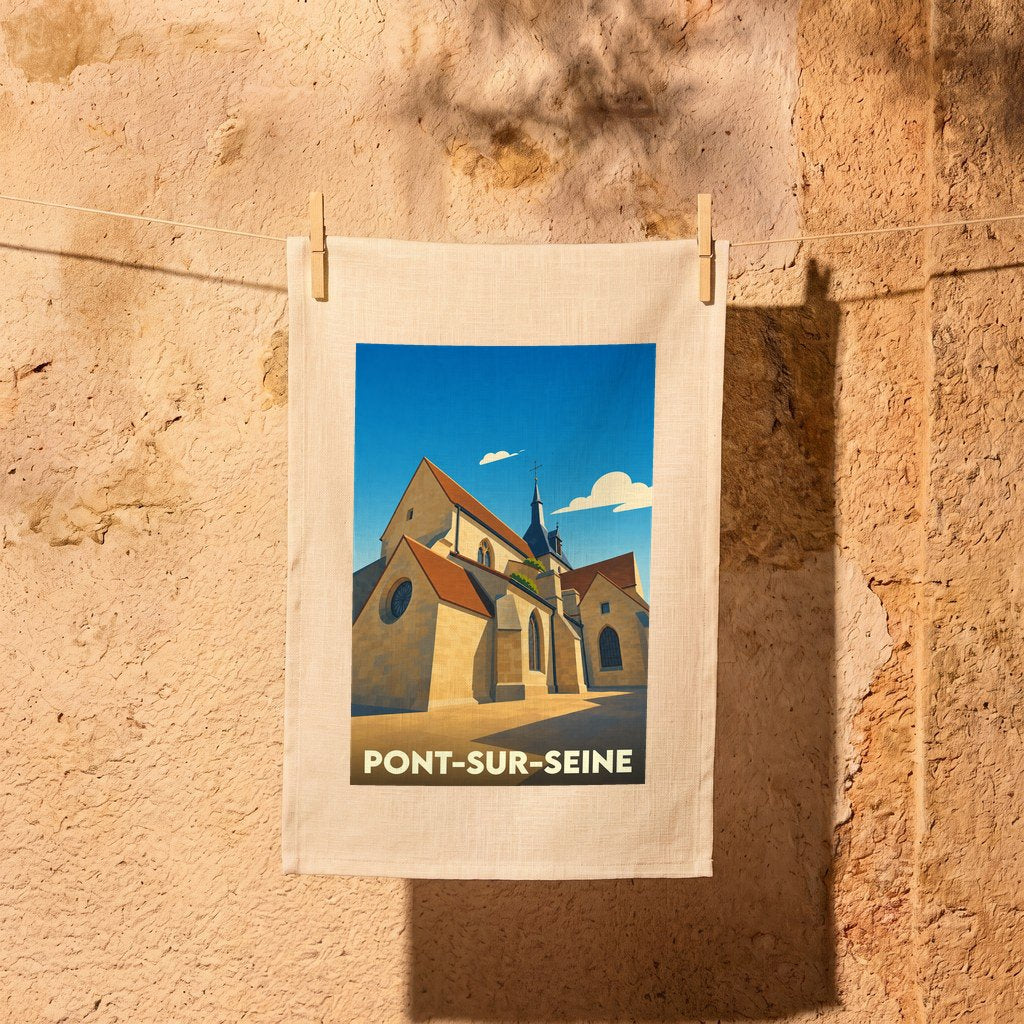 Torchon souvenir de la ville de Pont-sur-Seine avec une illustration stylisée de son église.