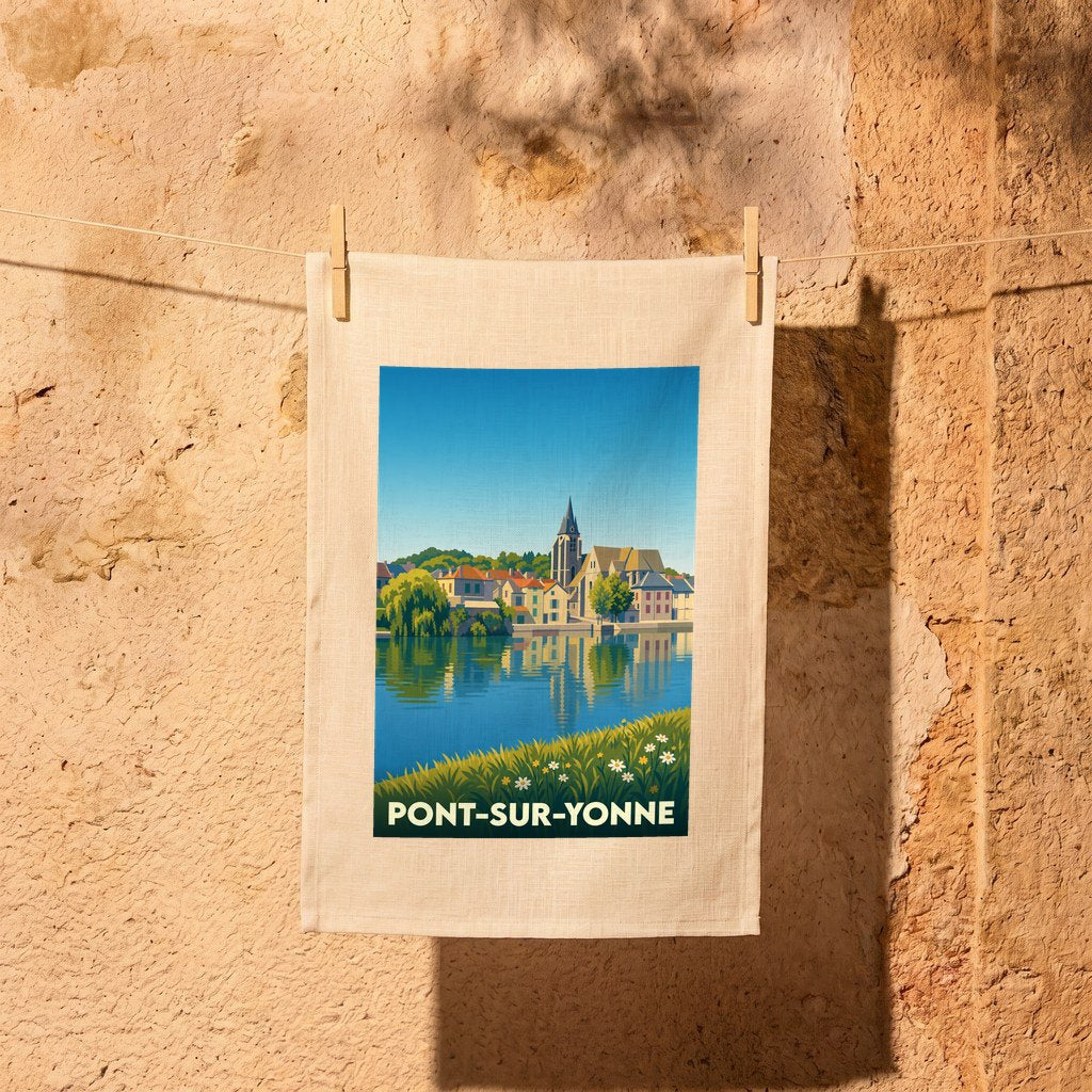Torchon souvenir de la ville de Pont-sur-Yonne avec une illustration stylisée des bords de l'Yonne.