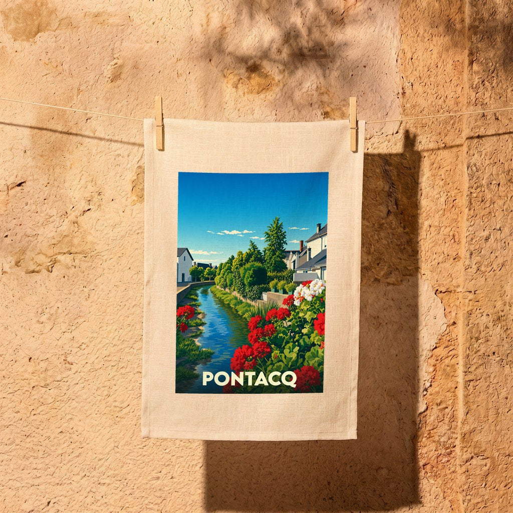Torchon souvenir de la ville de Pontacq illustré d'un paysage coloré bordant une rivière.