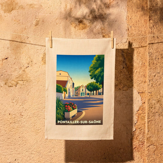 Torchon souvenir de la ville de Pontailler-sur-Saône avec une illustration stylisée et colorée.
