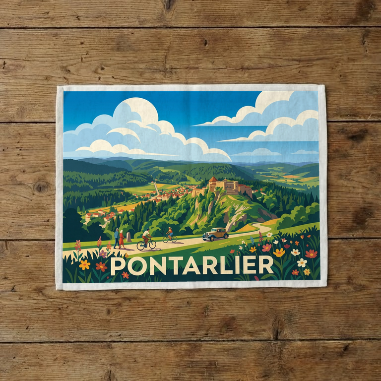 Torchon souvenir de la ville de Pontarlier avec une illustration de paysage stylisée.