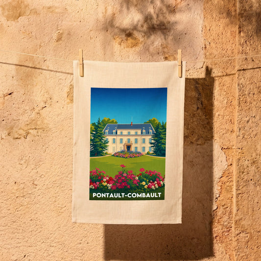 Torchon souvenir de la ville de Pontault-Combault avec une illustration stylisée d'un manoir et de jardins fleuris.