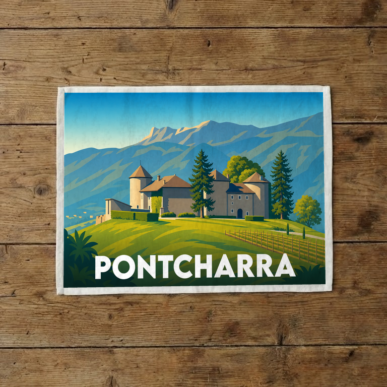 Torchon souvenir de la ville de Pontcharra illustrant le château Bayard dans un style vintage et coloré.