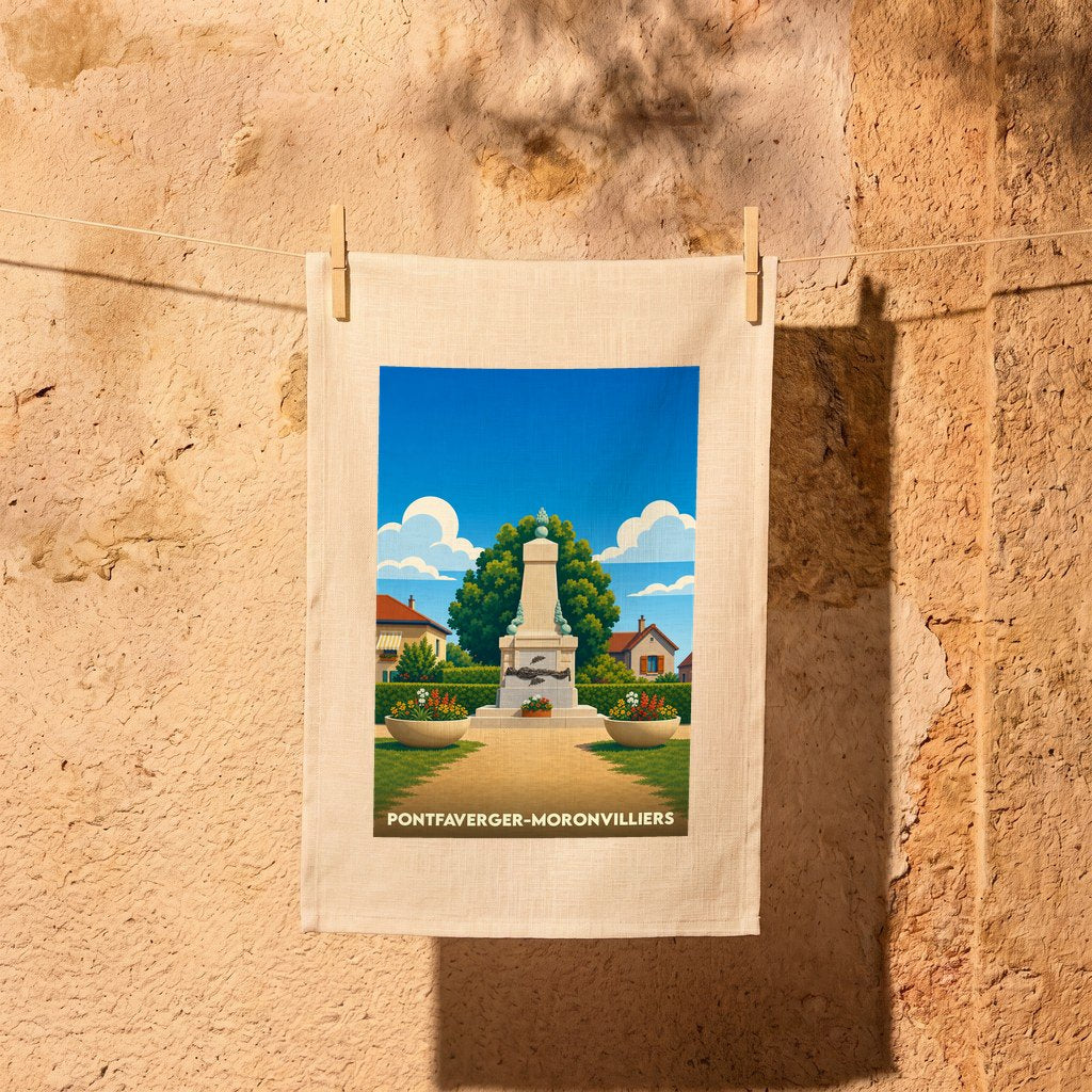 Torchon souvenir de la ville de Pontfaverger-Moronvilliers avec une illustration stylisée d'un monument historique.