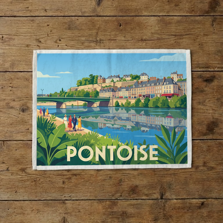 Torchon souvenir de la ville de Pontoise avec une illustration stylisée.