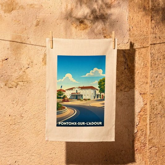 Torchon souvenir de la ville de Pontonx-sur-l'Adour avec une illustration stylisée.