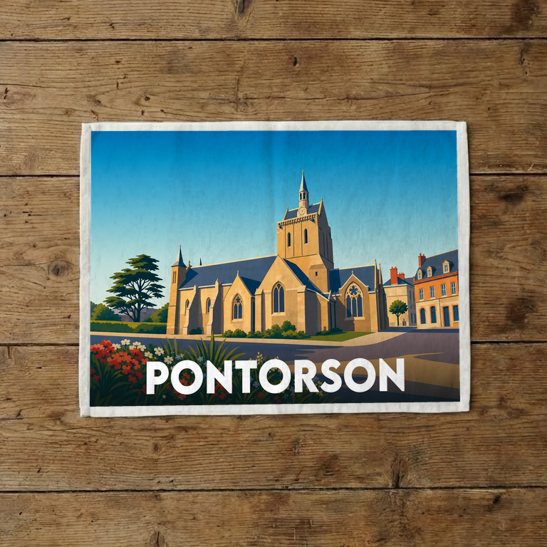 Torchon souvenir de la ville de Pontorson avec une illustration stylisée de son église.