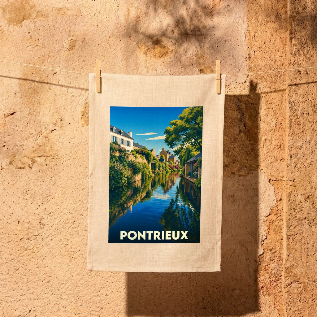 Torchon souvenir de la ville de Pontrieux avec une illustration stylisée.