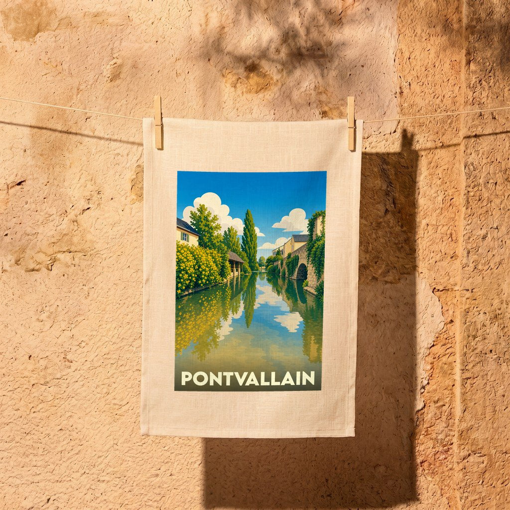 Torchon souvenir de la ville de Pontvallain avec une illustration stylisée d'un canal et de son pont.