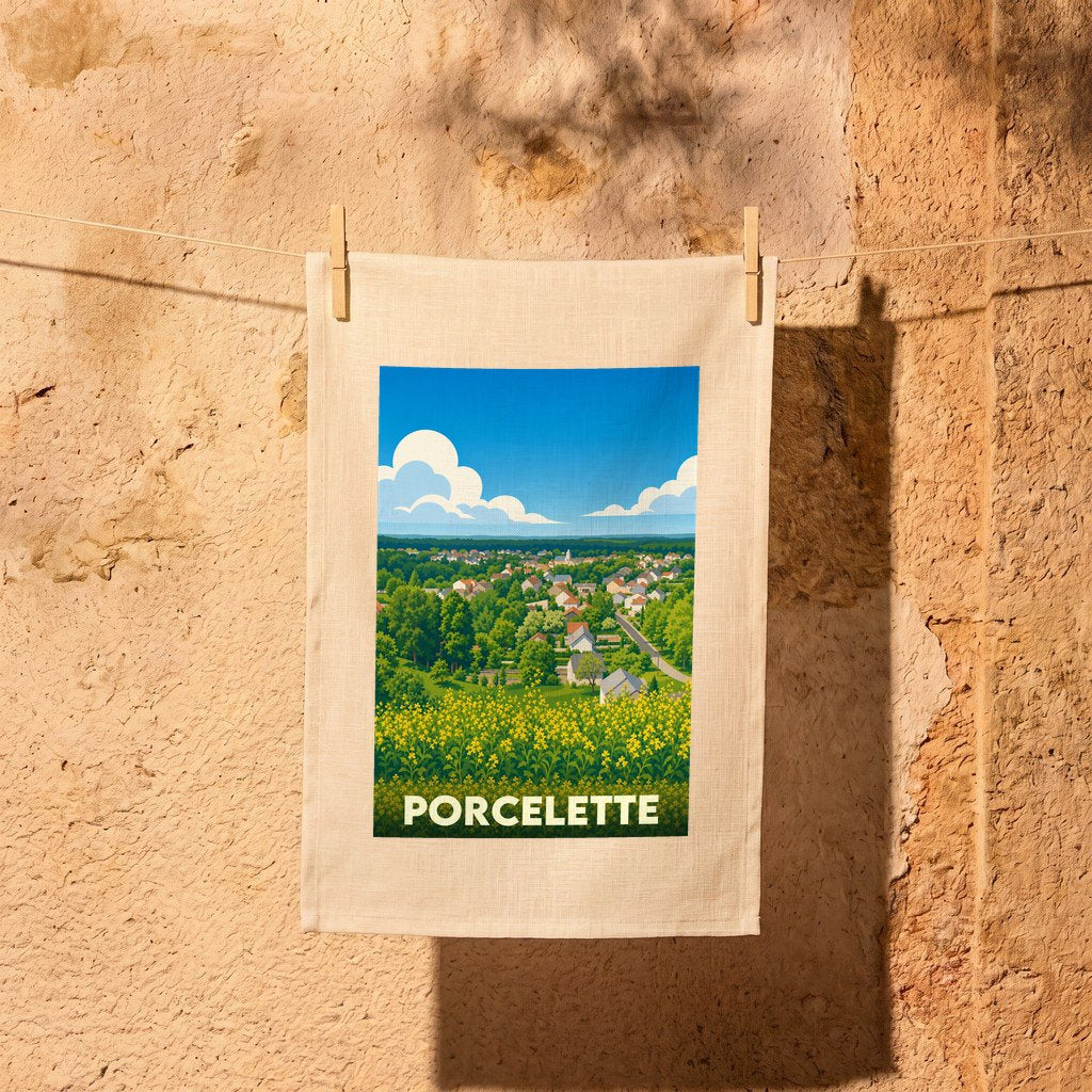 Torchon souvenir de la ville de Porcelette orné d'une illustration stylisée de son paysage champêtre.