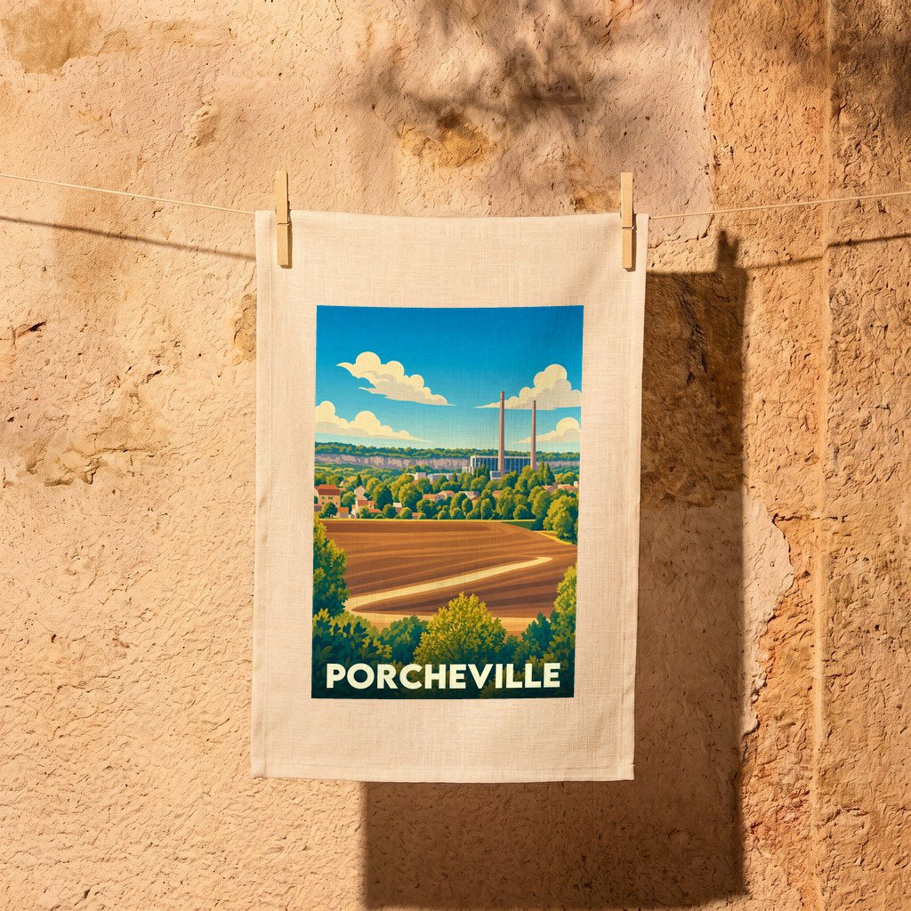 Torchon de cuisine souvenir de la ville de Porcheville orné d'une illustration paysagère stylisée.