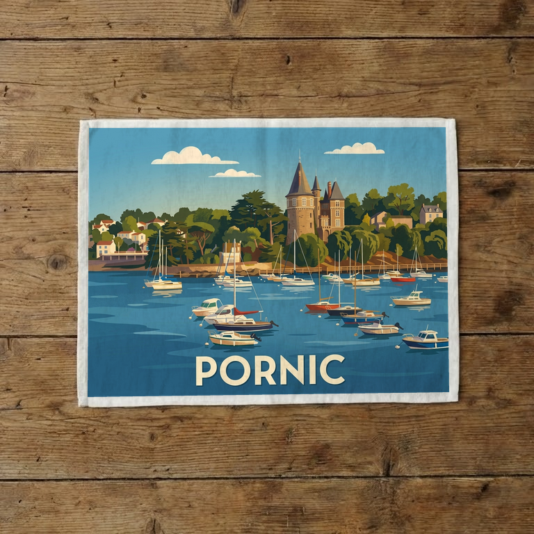 Torchon souvenir de la ville de Pornic avec une illustration stylisée du port et de son château.