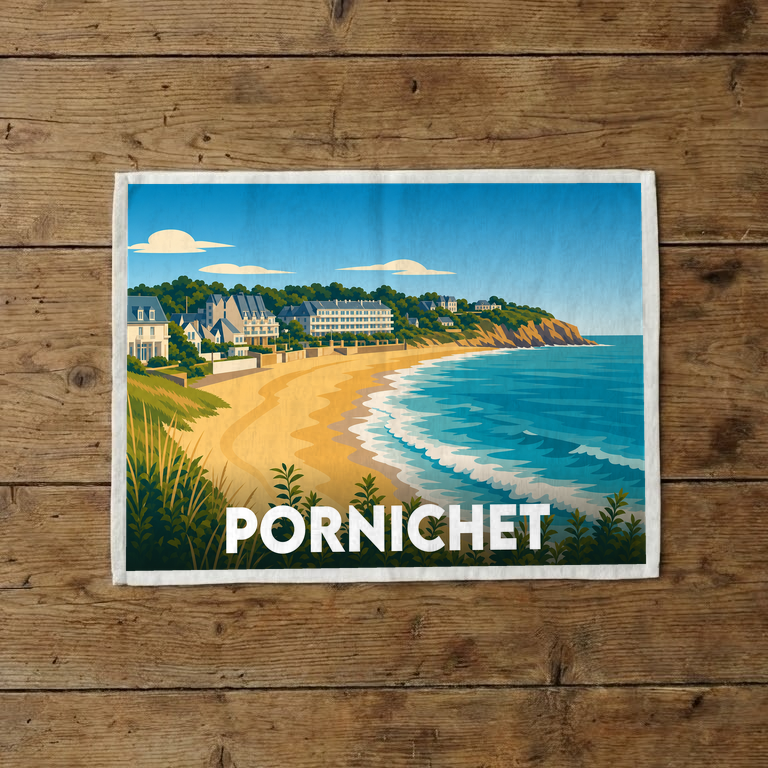 Torchon souvenir de la ville de Pornichet avec une illustration stylisée de sa plage et de son front de mer.