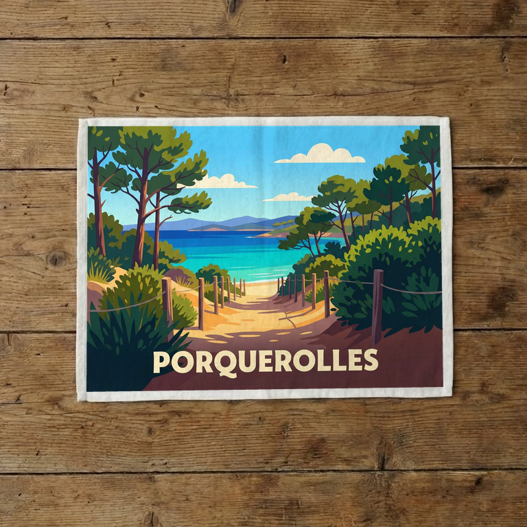 Torchon souvenir de Porquerolles avec une illustration stylisée de paysage côtier méditerranéen.