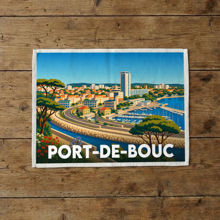 Torchon souvenir de la ville de Port-de-Bouc avec une illustration stylisée de son paysage portuaire.