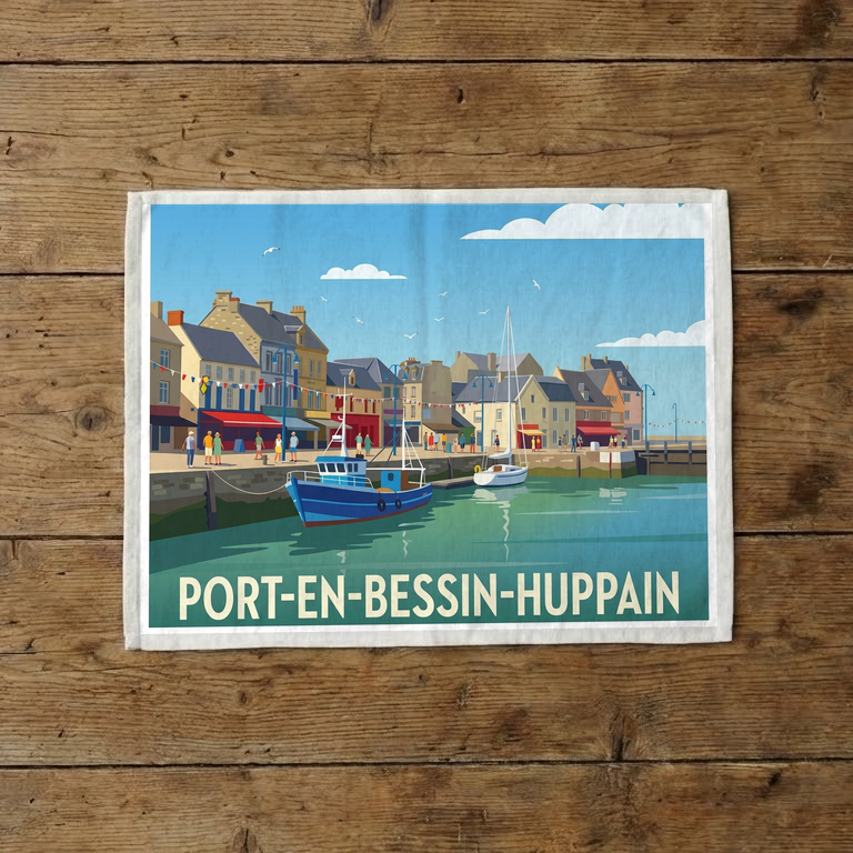 Torchon souvenir de la ville de Port-en-Bessin-Huppain avec une illustration stylisée de son port.