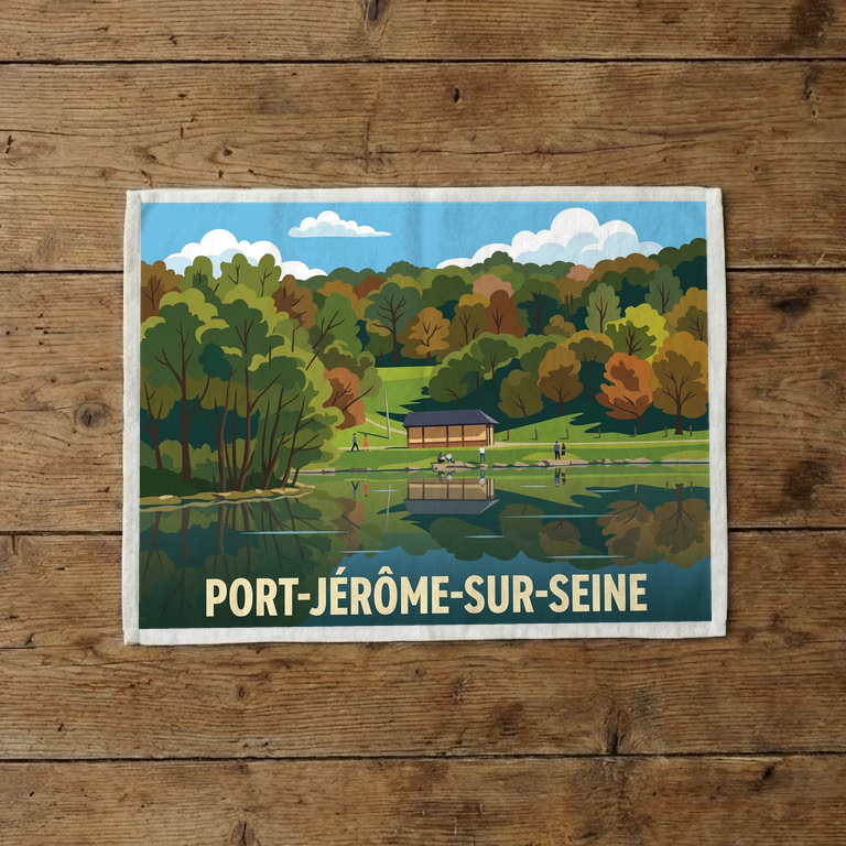 Torchon souvenir de la ville de Port-Jérôme-sur-Seine avec une illustration paysagère stylisée.