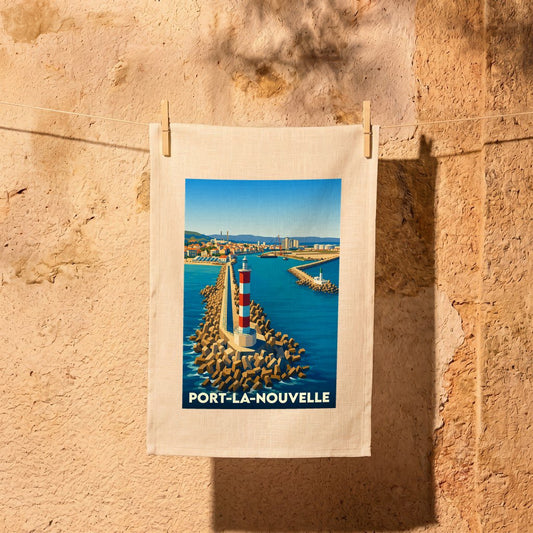 Torchon souvenir de Port-la-Nouvelle orné d'une illustration stylisée du phare et du port.