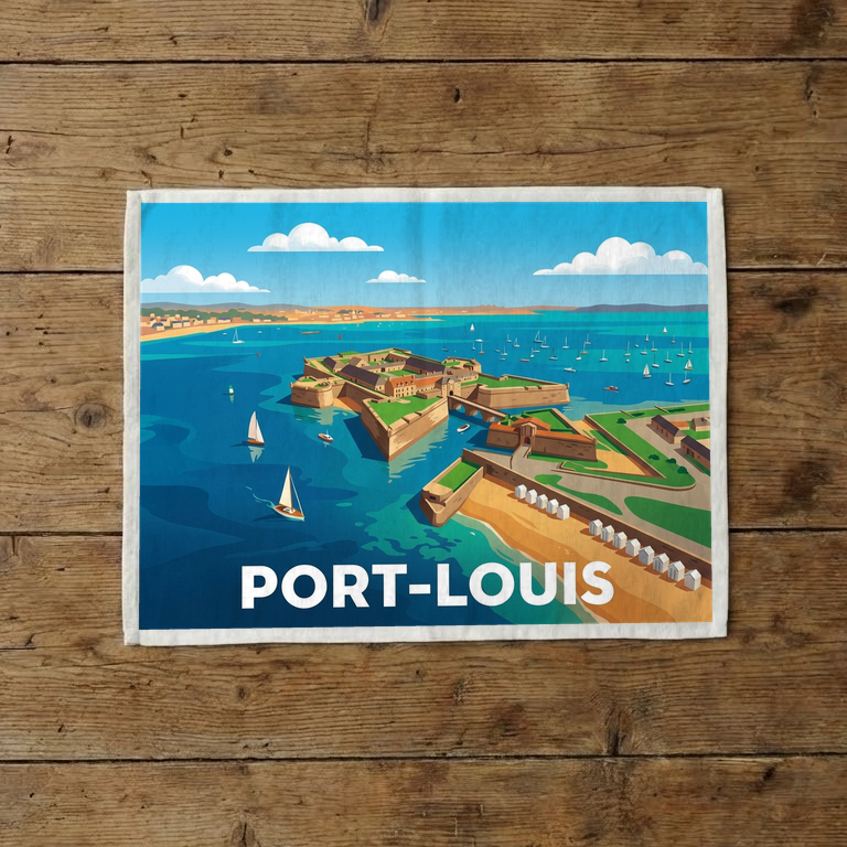 Torchon souvenir de la ville de Port-Louis avec une illustration stylisée de sa citadelle et de la mer.