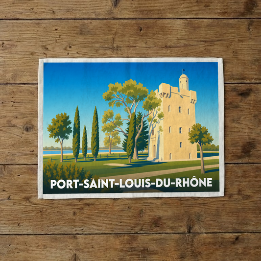 Torchon souvenir de la ville de Port-Saint-Louis-du-Rhône avec une illustration stylisée de la Tour Saint-Louis.