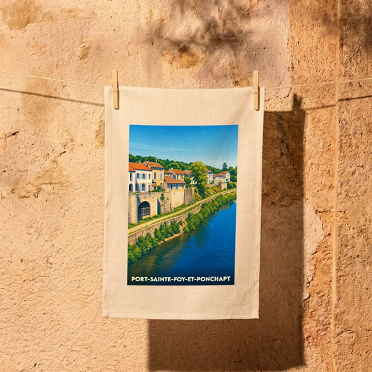Torchon souvenir de la ville de Port-Sainte-Foy-et-Ponchapt avec une illustration stylisée des quais bordant la rivière.