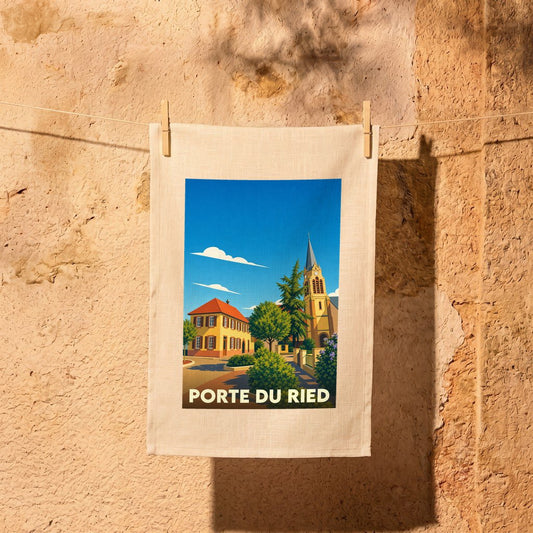 Torchon souvenir de la ville de Porte du Ried avec une illustration stylisée.