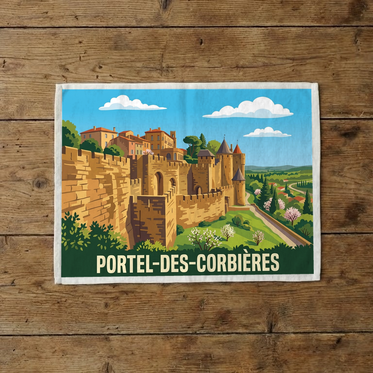 Torchon souvenir de la ville de Portel-des-Corbières avec une illustration stylisée.