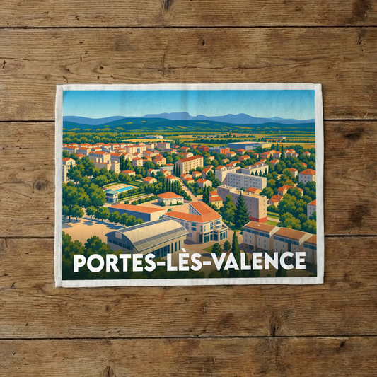 Torchon souvenir de la ville de Portes-lès-Valence avec une illustration stylisée et colorée.